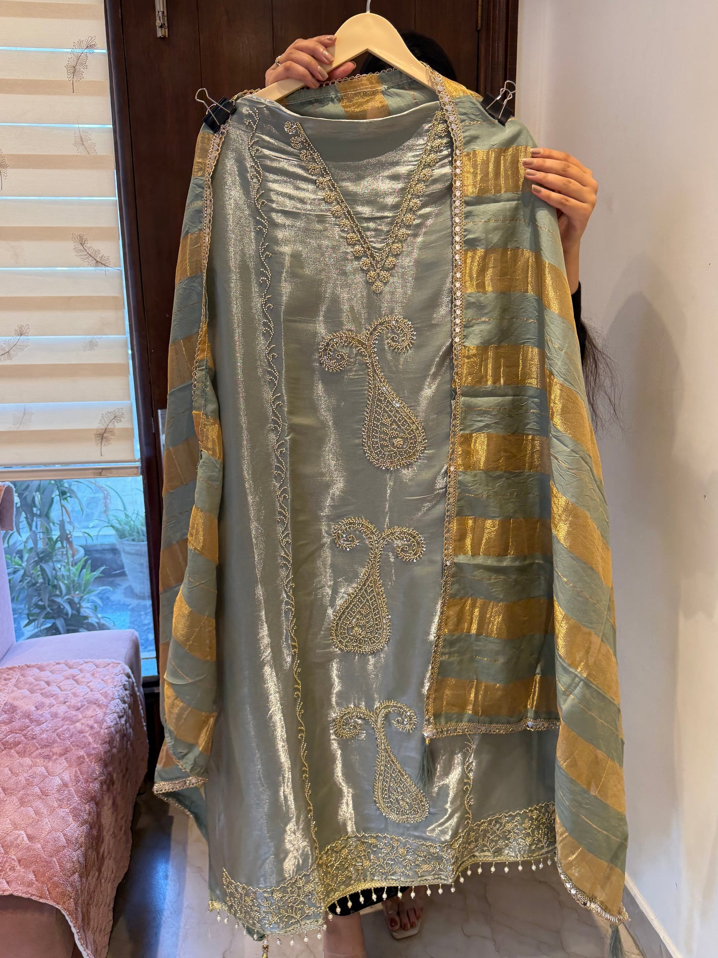 `Maisha’ Glass silk designer 3 piece suit set with handwork