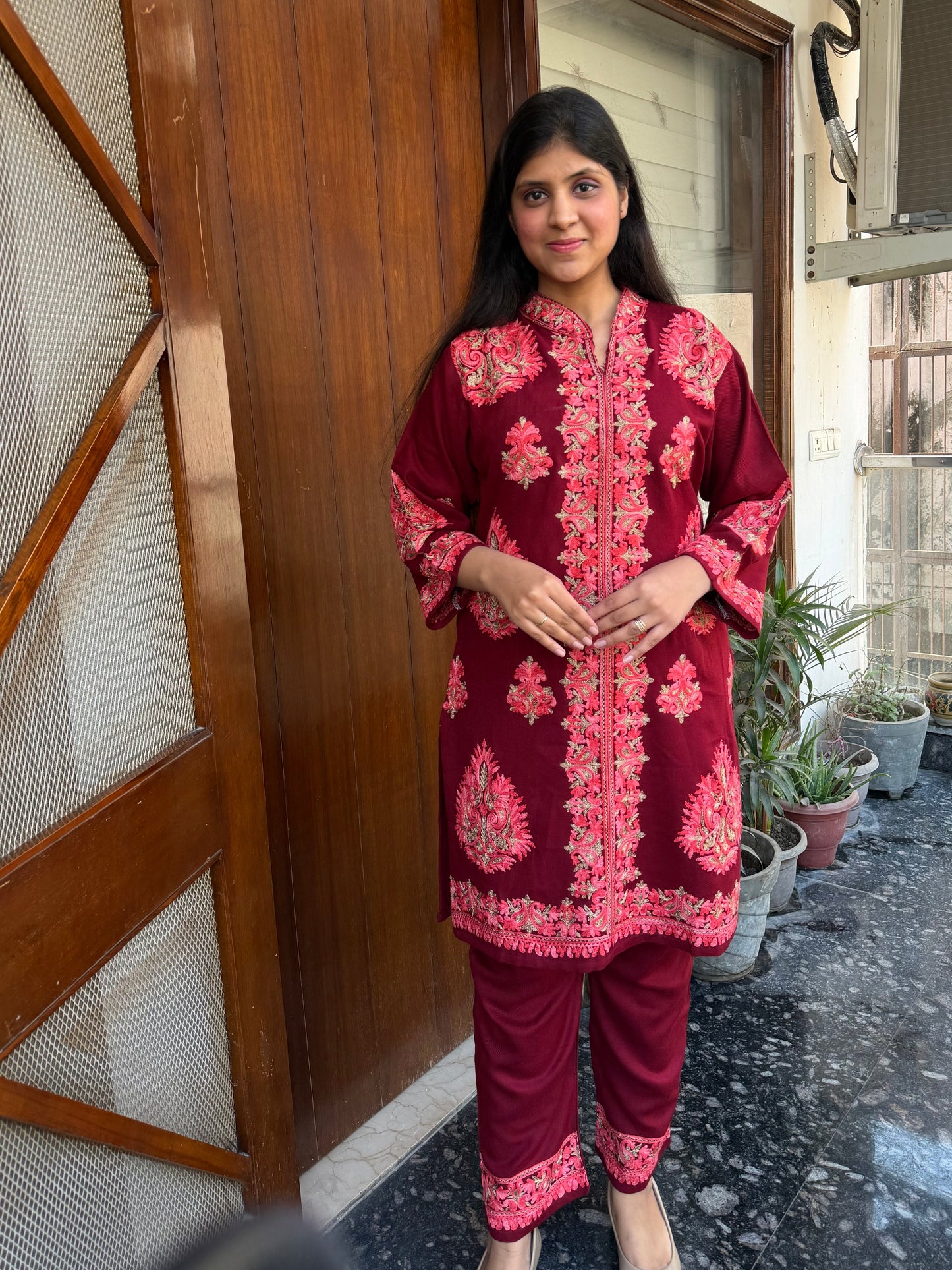 Pashmina hand embroidered designer coord set with aari work