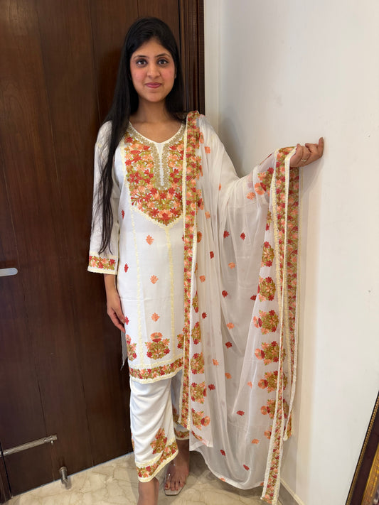 Designer Aari Embroidered Suit Set for Women – 3 Piece Kurta, Pant & Dupatta