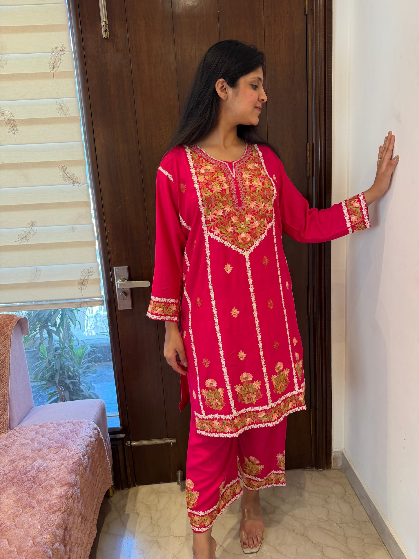 Designer Aari Embroidered Suit Set for Women – 3 Piece Kurta, Pant & Dupatta