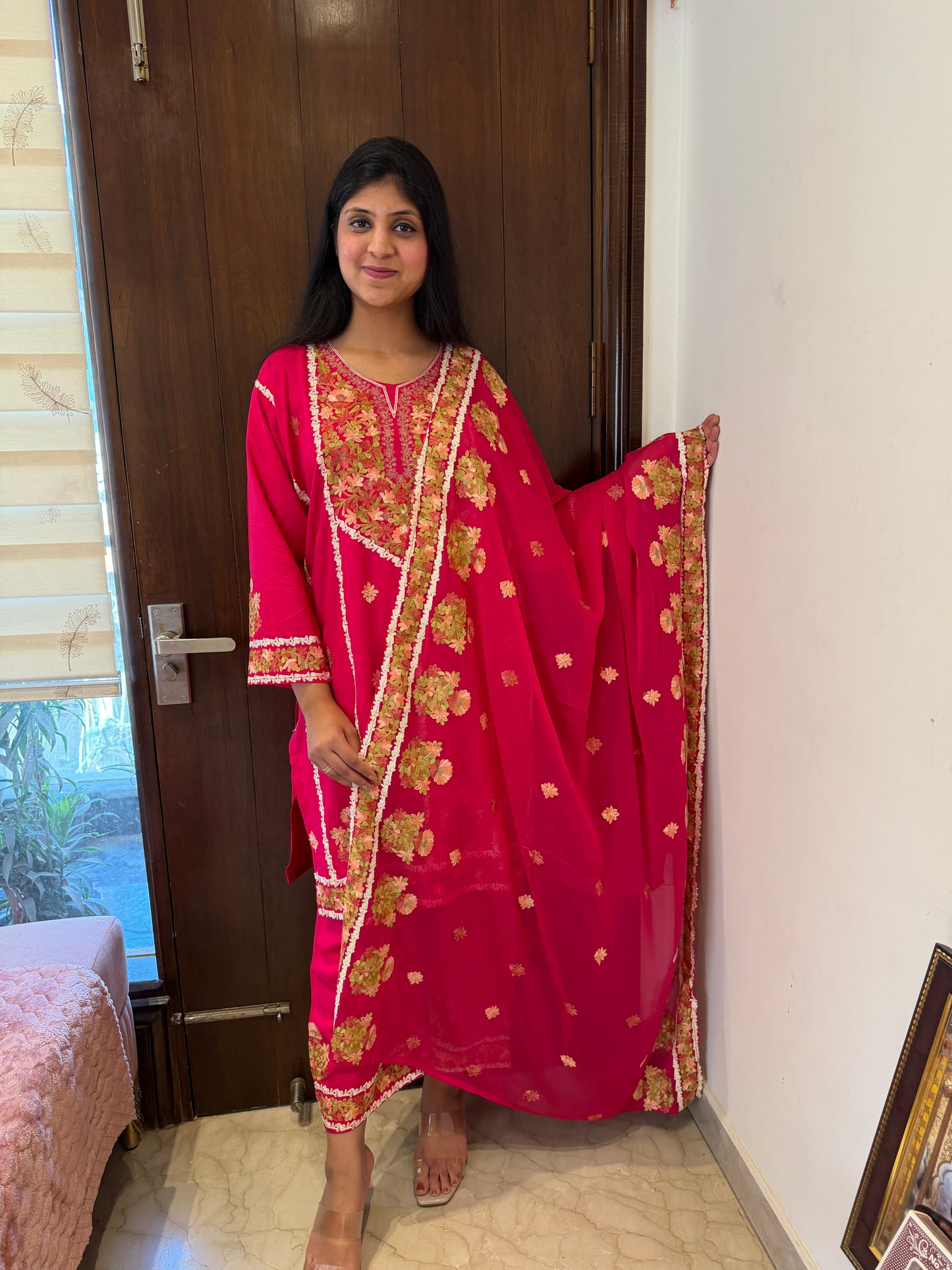 Designer Aari Embroidered Suit Set for Women – 3 Piece Kurta, Pant & Dupatta