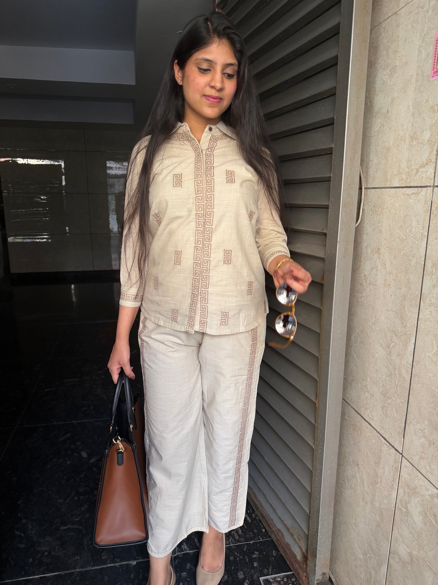 Linen embroidered coord set with wide leg pants