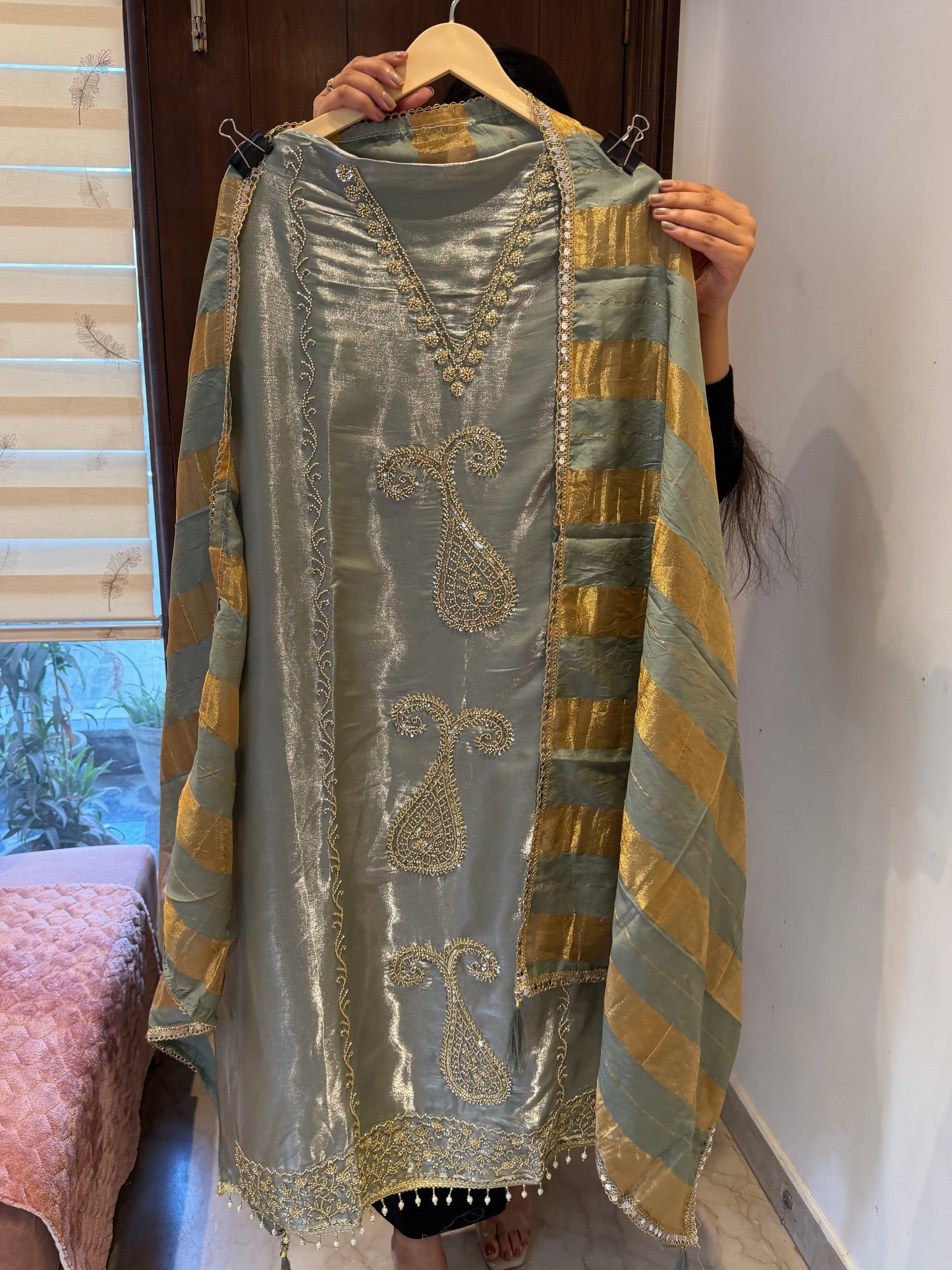 `Maisha’ Glass silk designer 3 piece suit set with handwork