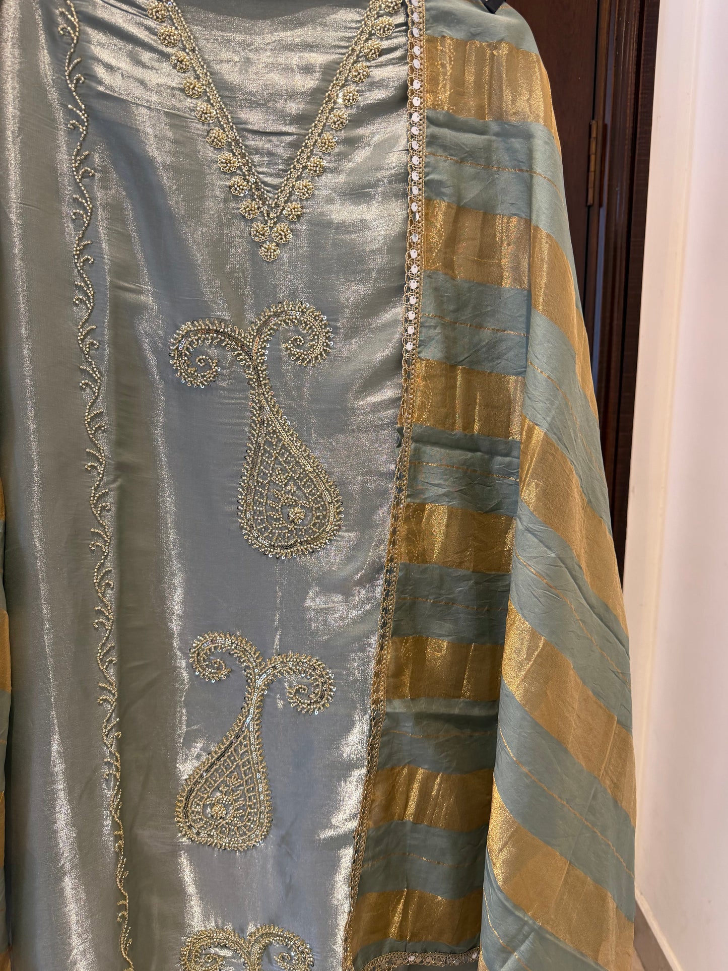 `Maisha’ Glass silk designer 3 piece suit set with handwork