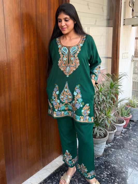 Pure wool hand embroidered aari work designer coord set